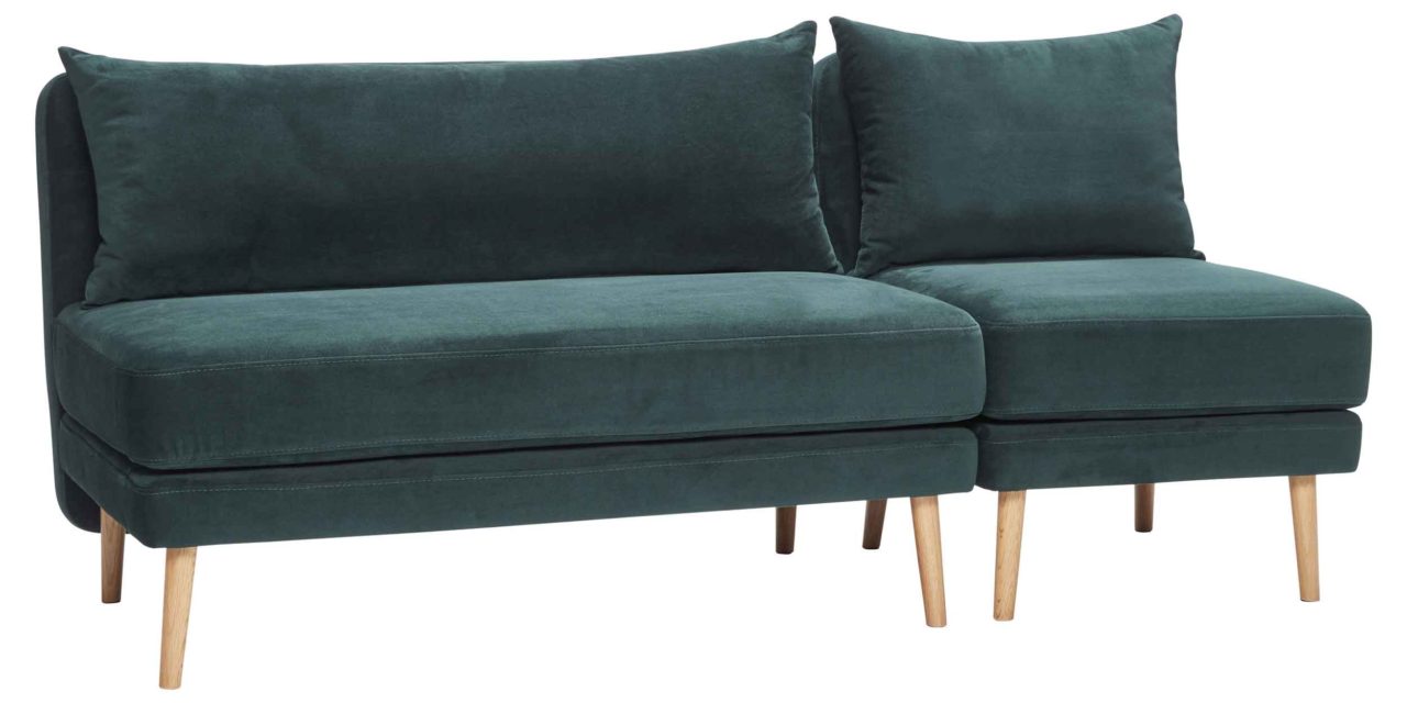 HÜBSCH 2 personers sofa – grøn velour/egetræben, m. separat stol