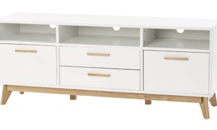 Arild TV-bænk – hvid/lakeret eg, m. 3 rum, 2 skuffer og 2 låger