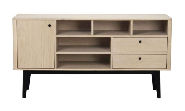 Vienna skænk – Hvidpigmenteret egetræ m. sorte ben, 2 skuffer/1 låge/5 hylder