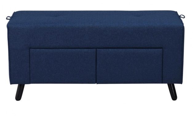 Mint puf – blåt stof og sorte ben, m. 2 skuffer