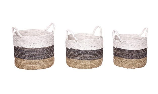 H&Uuml;BSCH Rund kurv i søgræs m/hank, natur/grå/hvid, 3 stk.