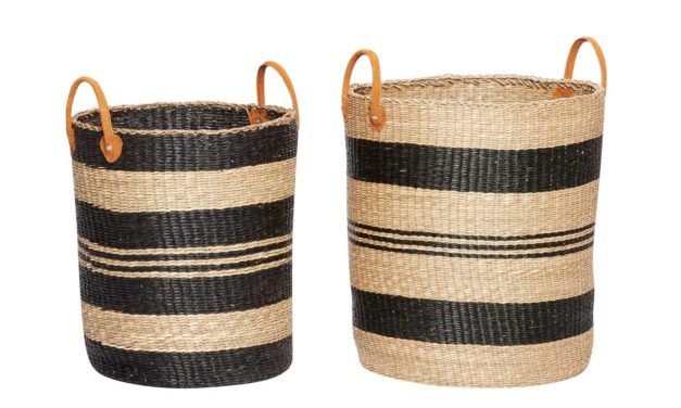 H&Uuml;BSCH Rund søgræs kurv m/hank, natur/sort, 2 stk.