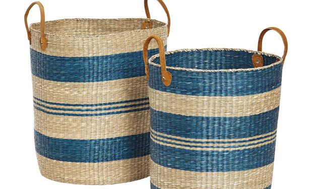 H&Uuml;BSCH Rund søgræs kurv m/hank, natur/blå, 2 stk.