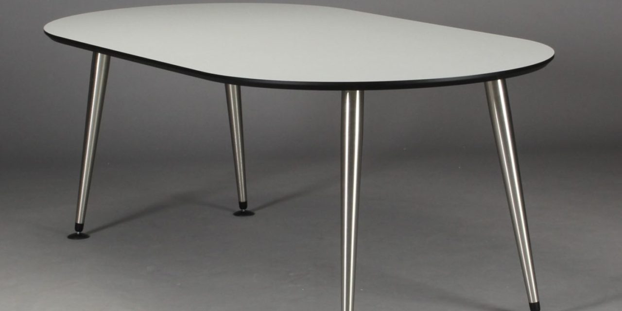 FURBO Spisebord, hvid laminat, satin ben, oval, 90 x 200 cm.