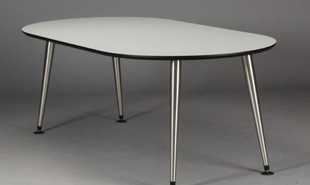 FURBO Spisebord, hvid laminat, satin ben, oval, 100 x 180 cm.