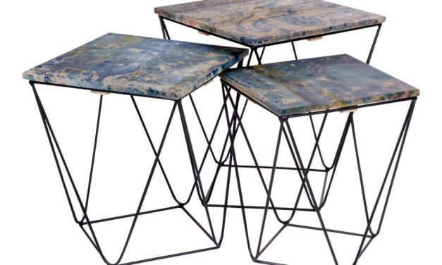 HOUSE NORDIC Ranchi hjørnebord i mangotræ, marmor look blå 3 stk.