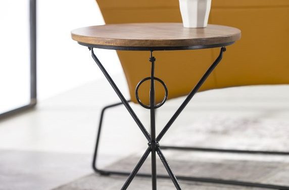 FURBO Sofabord, akacietræ, sort metal, ø 40 cm