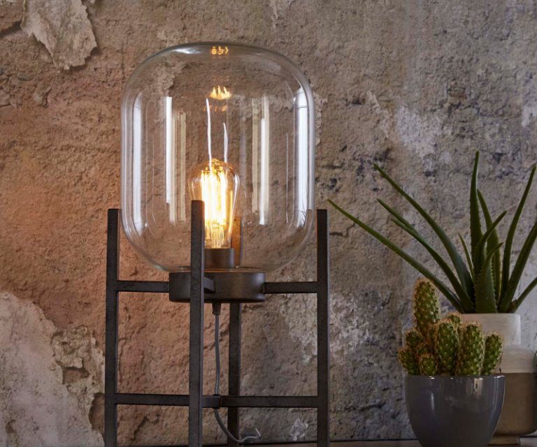 FURBO Bordlampe, antik sølv og glas