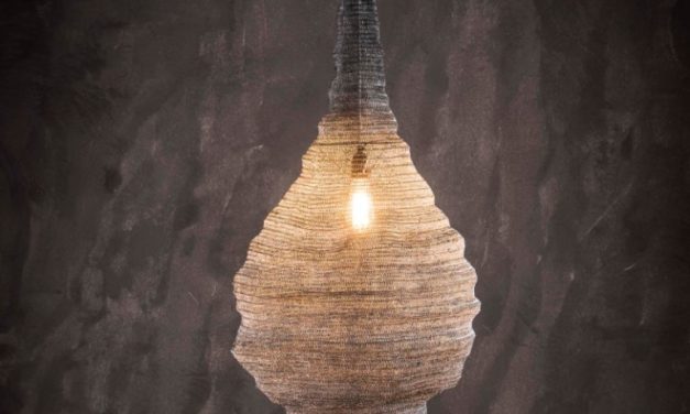 FURBO Loftslampe, vævet gråt metal, tragtform