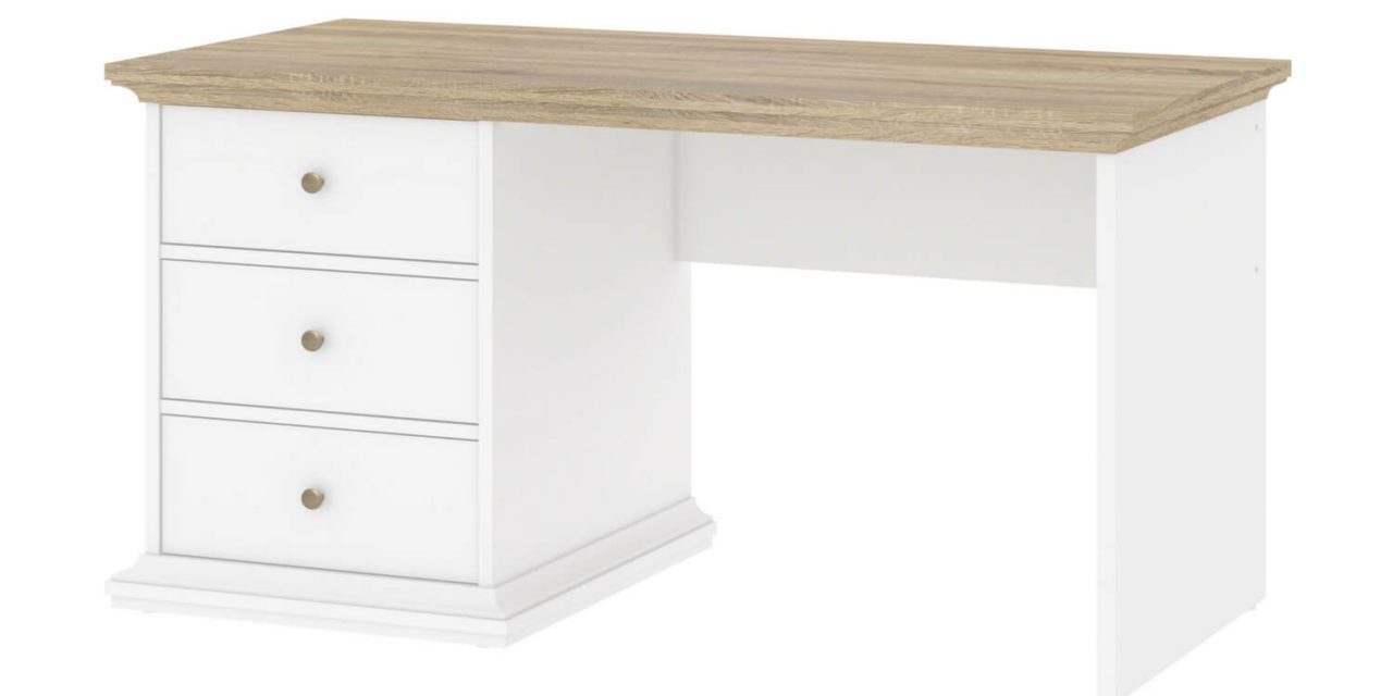 Paris skrivebord med skuffer, hvid/eg