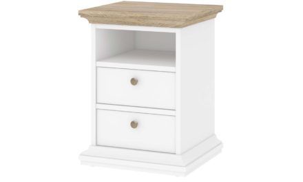 Paris sengebord m. 2 skuffer og 1 rum – hvid/eg