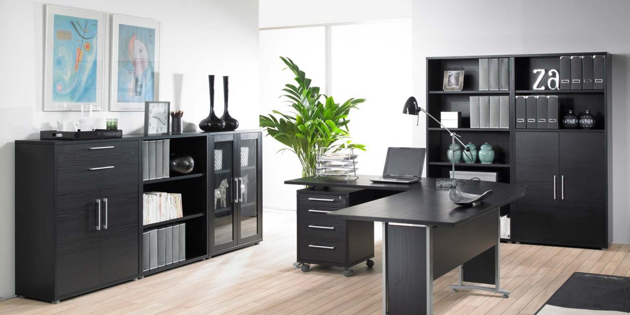 Prima stort skrivebord med skuffer, Sort ask/Sølv stål