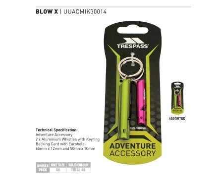 Trespass Blow X – Nøgleringe med alu nødfløjter – Grøn: 65 x12 mm. – Pink: 50 x 10 mm .